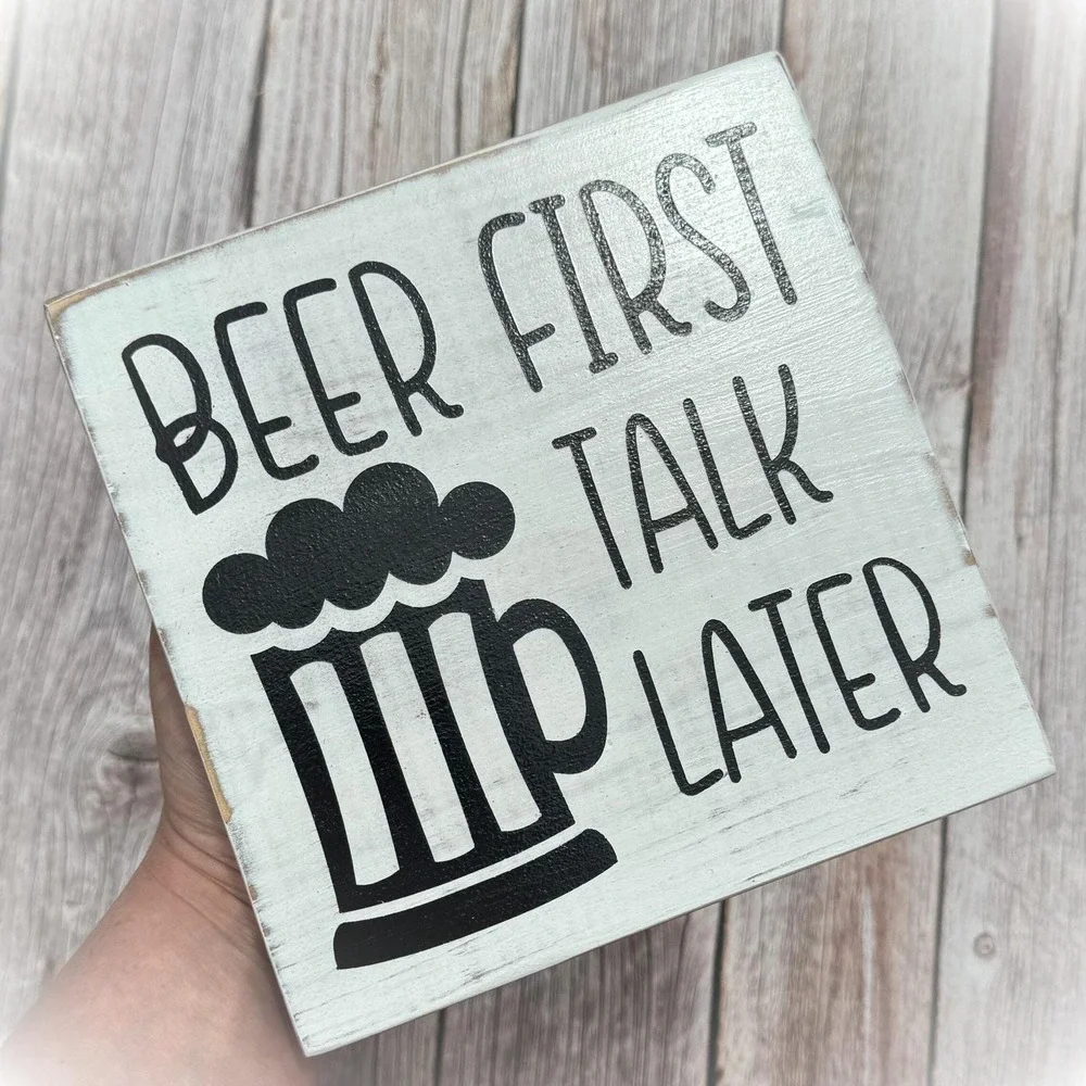 Basket Case Designs Beer First Talk‎ Later Wooden Block Sign Rustic Bar Decor